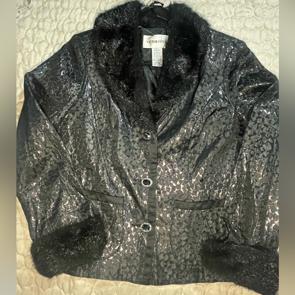 Victor Costa Black Metallic Jacquard Blazer Faux Fur Trim Rhinestone Buttons